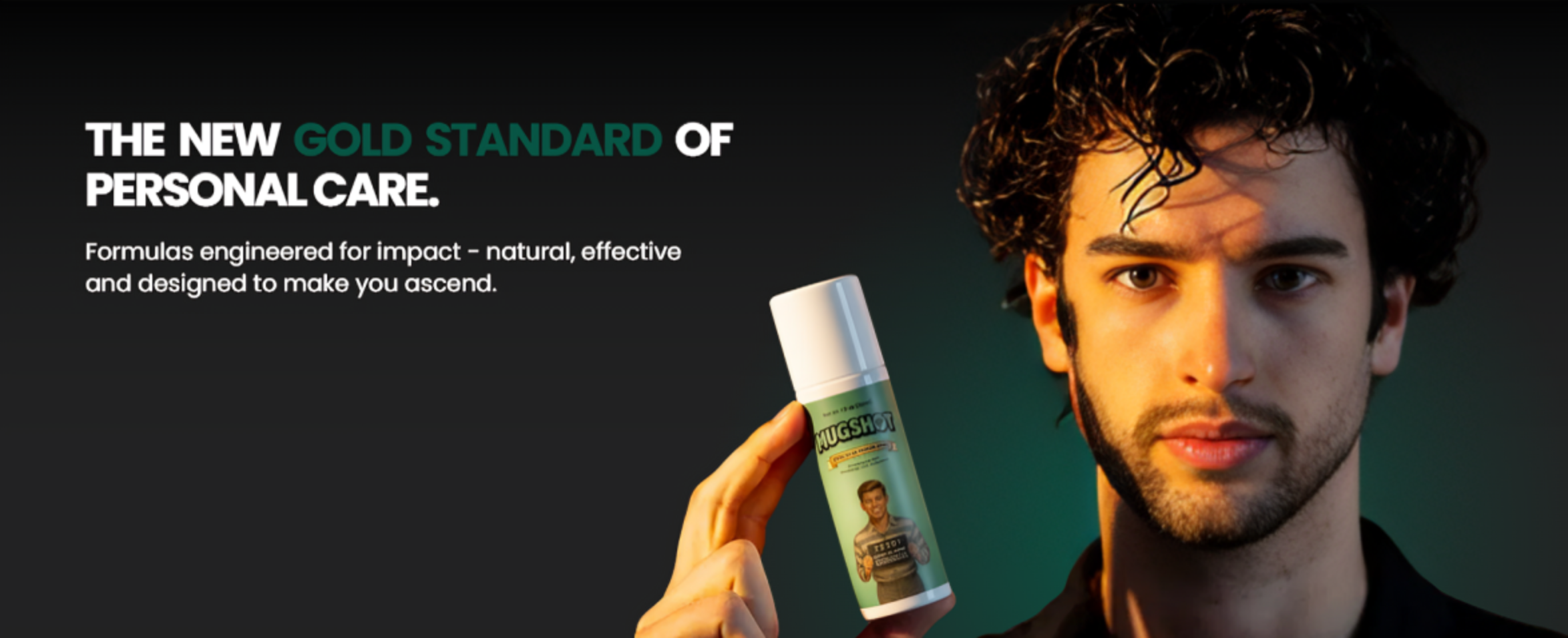 Man holding a product with text about personal care on a dark background